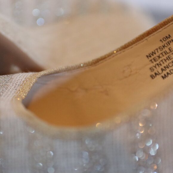 Nine West Sz 10 Espadrille Wedge Silver Metallic Stripe Gold Trim Textile Upper - Picture 8 of 16